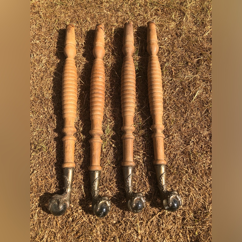 Antique Wood Table Legs Brass Claw Glass Globe Feet, Salvaged Wooden Parts X4